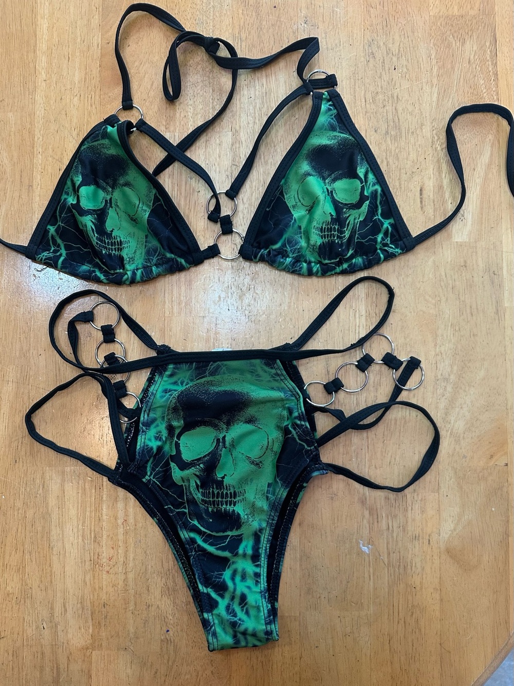 Green Skull Print Strappy Bikini Set